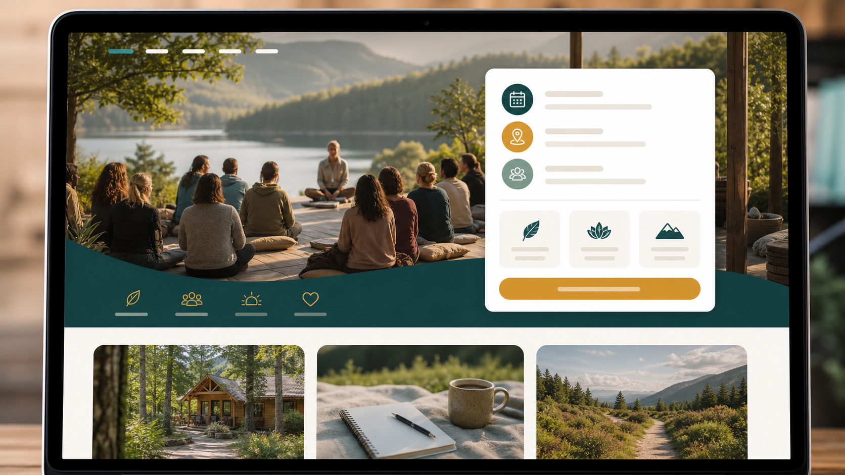 Event or retreat website concept with outdoor gathering imagery and registration layout